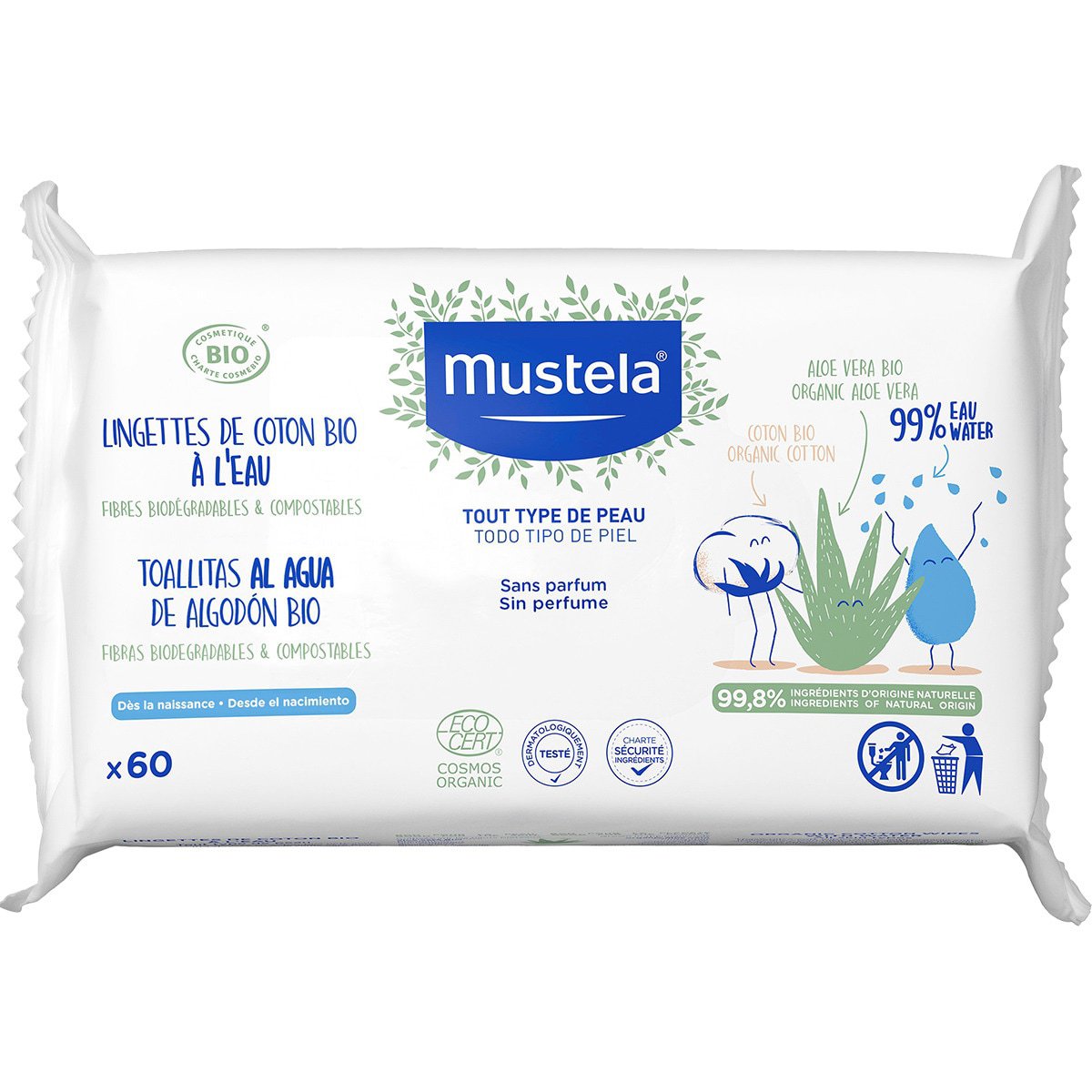 Toallitas al agua de algodón bio 60 unidades Mustela
