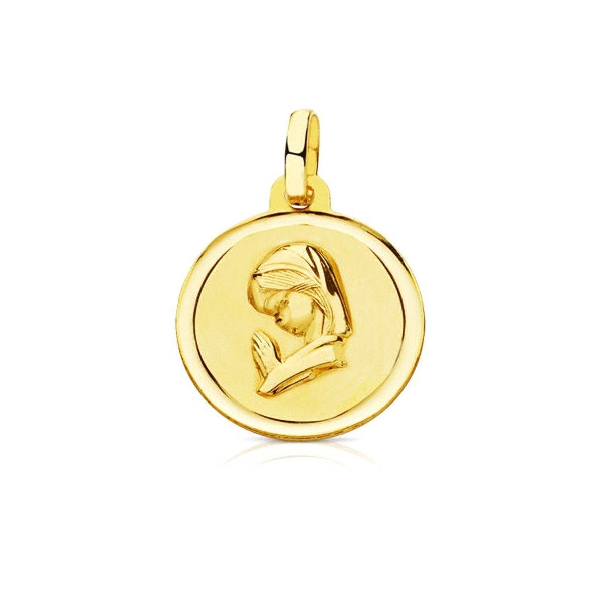 Medalla oro 18k Virgen Niña 16mm. perfil rezando bisel lisa