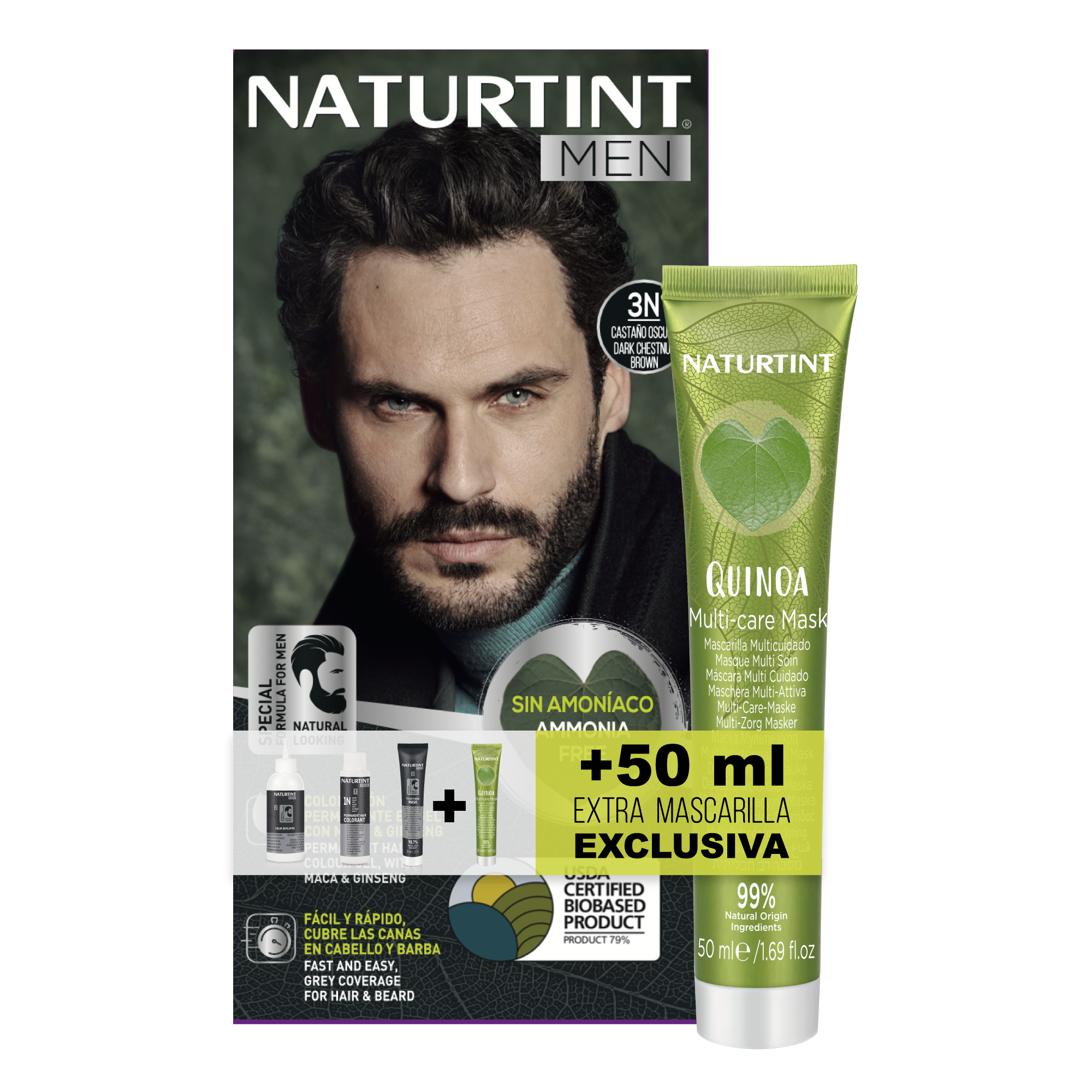 Naturtint Men Biobased + Extra Mascarilla 50ml |  Coloración Permanente Sin Amoniaco para Hombre | Tinte para Cabello y Barba | 100% Cobertura de Canas | Color Natural y Duradero | Ingredientes Naturales | 1N Negro