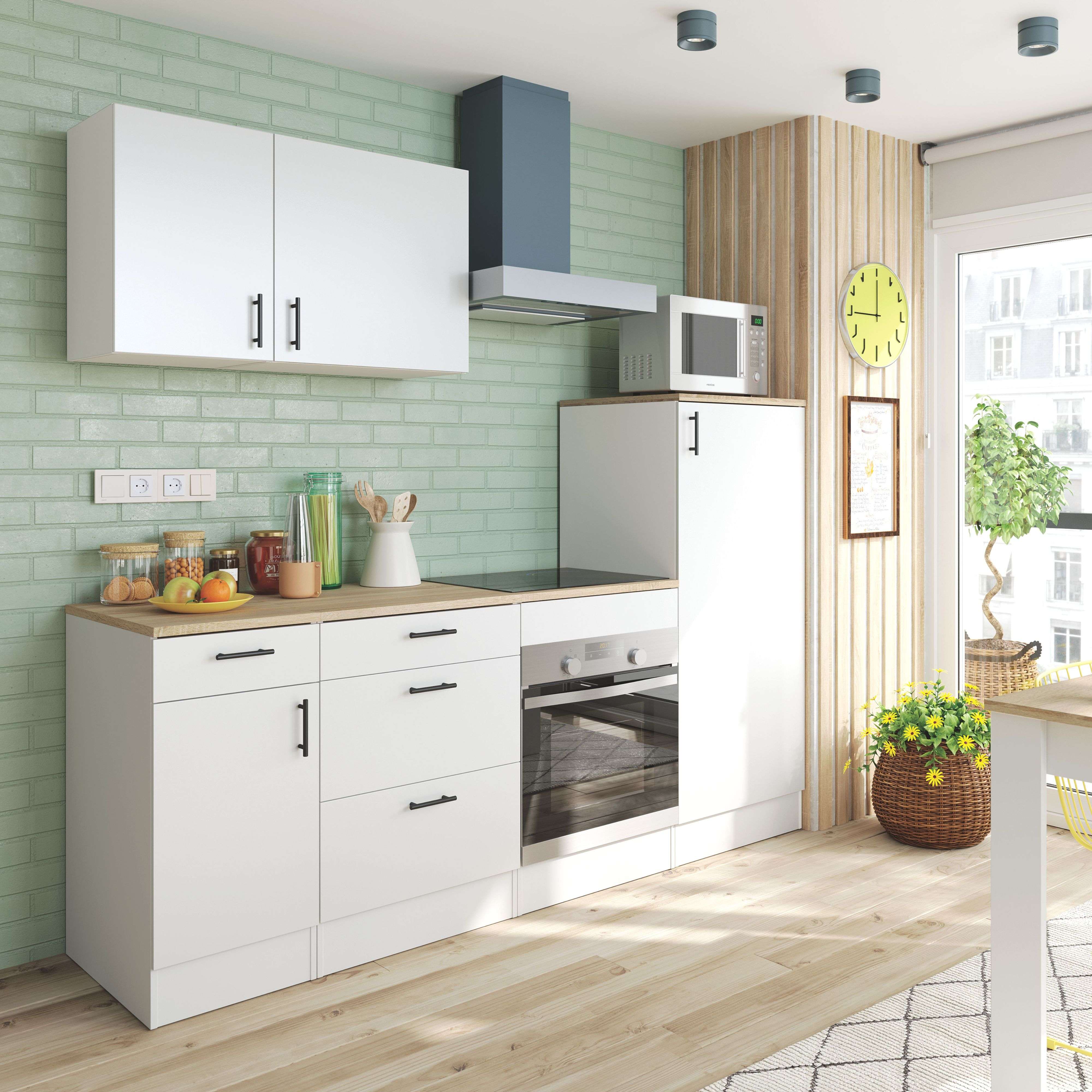 Miroytengo Pack de Muebles de Cocina Kira Estilo Moderno en Color Blanco Brillo y Roble Canadian con 6 Módulos con Puertas y Cajones de Almacenamiento