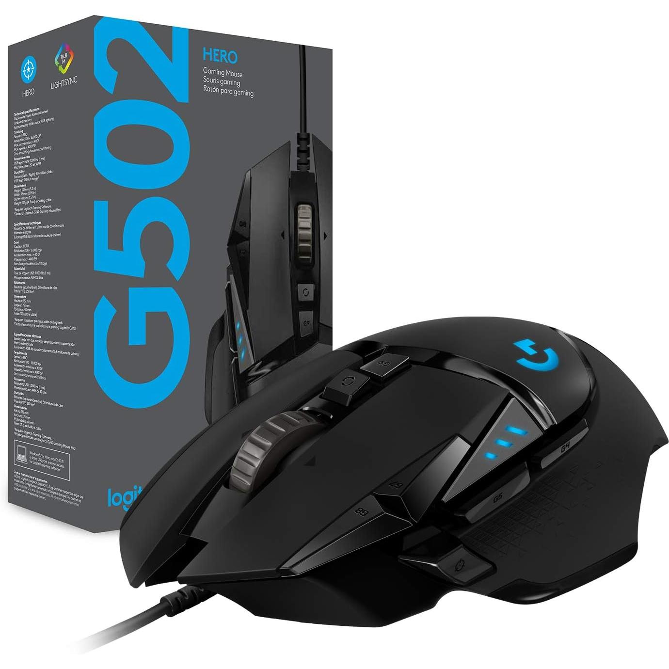 Logitech G502 HERO Ratón Gaming con Cable Alto Rendimiento, Captor HERO 25K, 25,600 DPI, RGB, Peso Personalizable, 11 Botones Programables, Memoria Integrada, Pc/mac - Negro