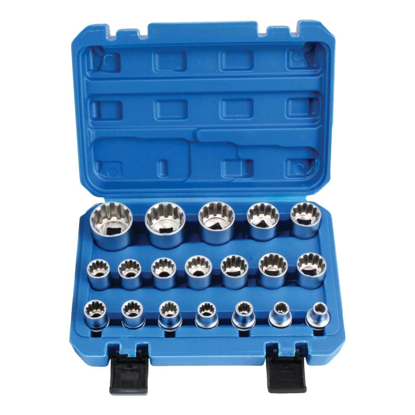 JUEGO 19 VASOS USO UNIVERSAL HEXAGONAL,12 CARAS,TORX HEMBRA,METRICAS Y PULGADAS