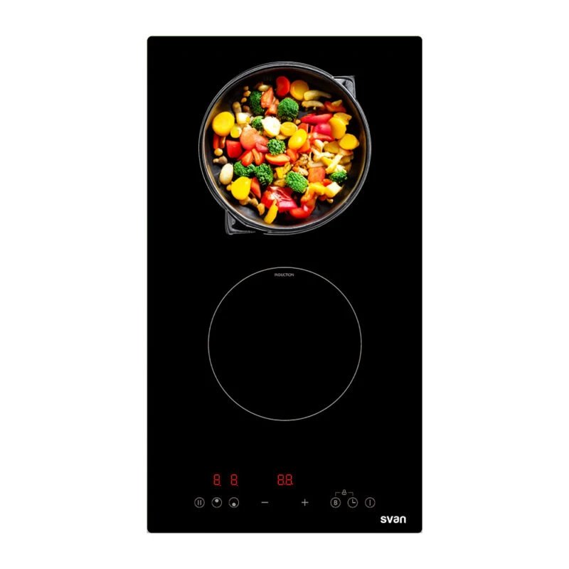 Svan - Placa de inducción SI2301 de 28 cm con 2 zonas de cocción, 3500 W, función Booster y controles táctiles, cristal negro para cocina moderna y compacta