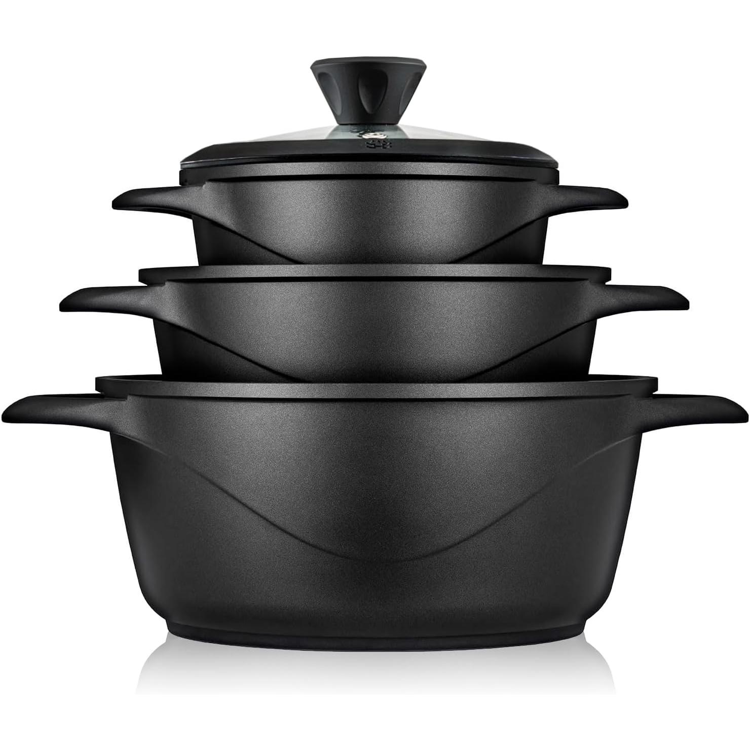 Briebe MGK-18S Batería de Cocina Inducción 6 Piezas Aluminio Fundido 3 Ollas con Tapa de Cristal Antiadherente, , Negro