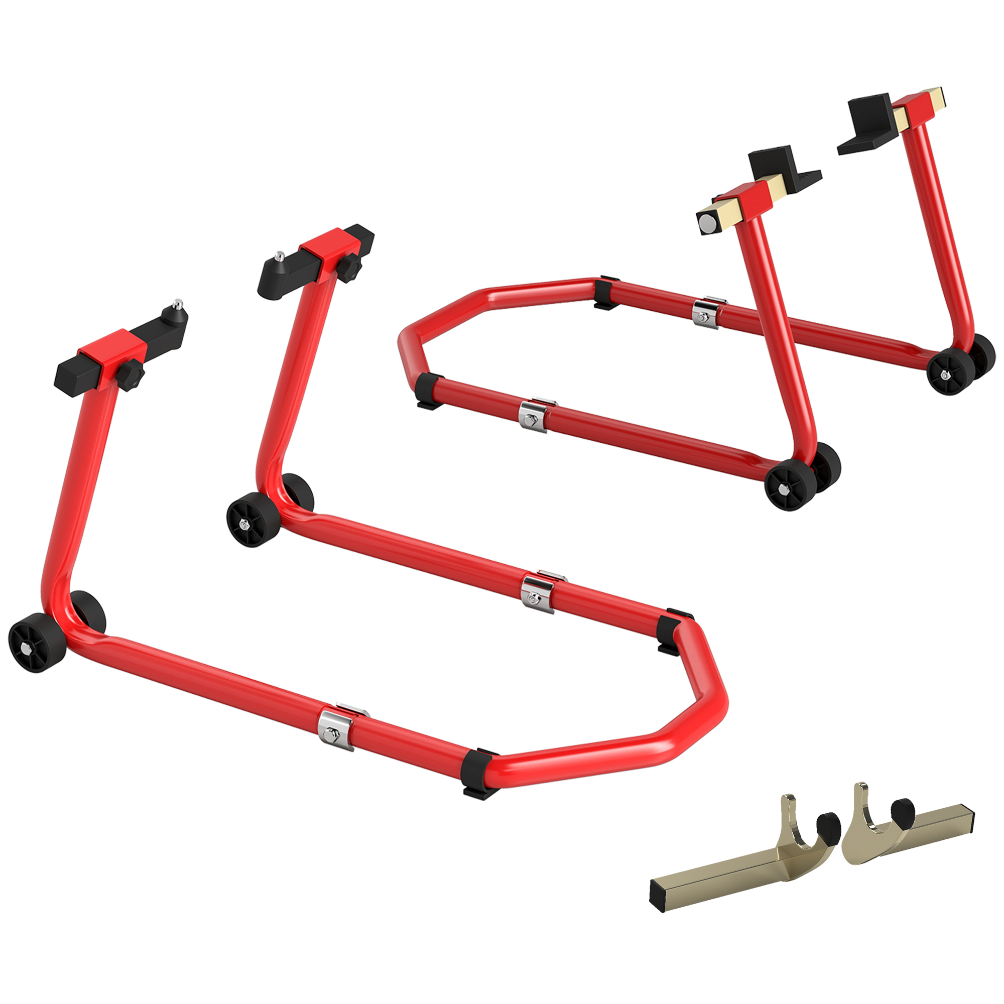HOMCOM Caballete Moto Elevador Universal Carga 390 kg Combo Soporte de Rueda Delantera y Trasera Motocicleta con Adaptadores de Horquillas en U y L Ajustables y Ruedas para Reparación y Mantenimiento