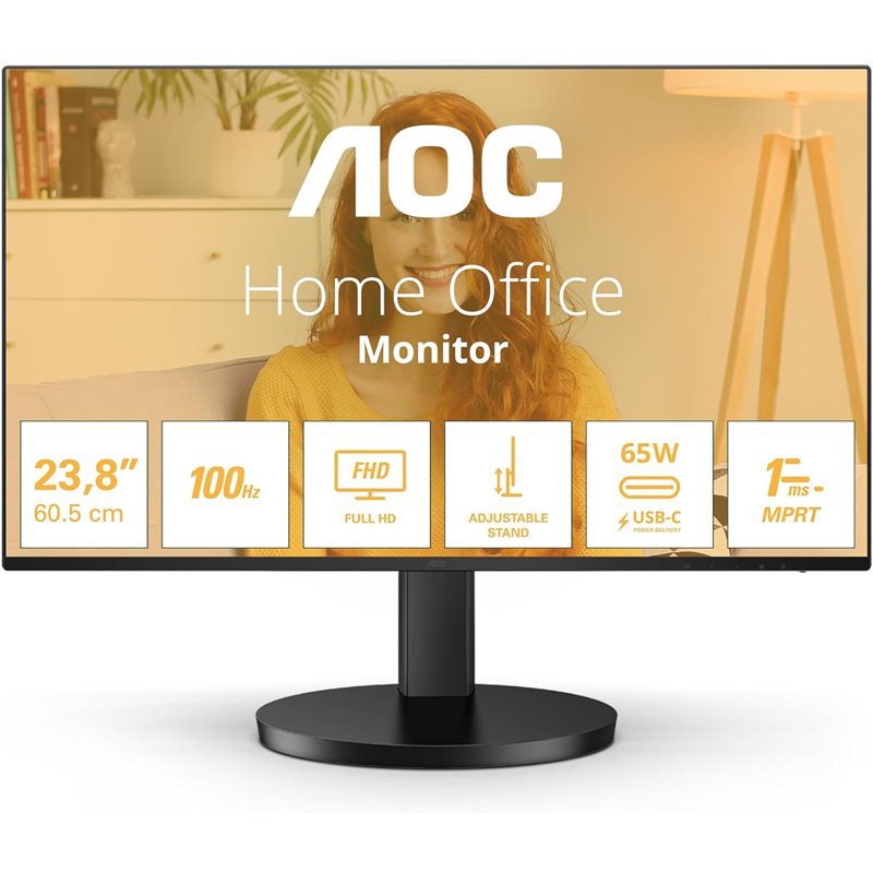 AOC 24B3CF2 Monitor 24 Pulgadas FHD, 120Hz, IPS, 1 ms MPRT, Adaptive Sync., Altura Ajustable,
