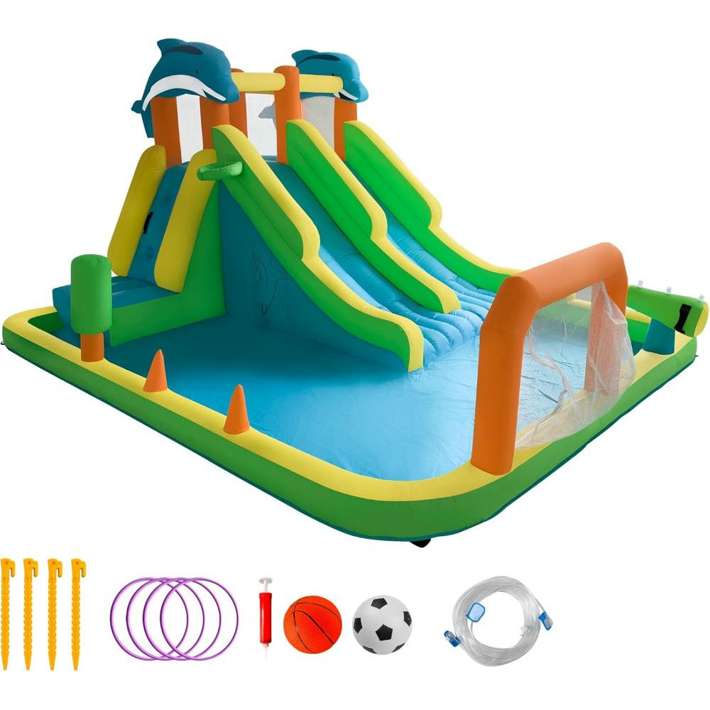 Castillo Inflable con Tobogán de Agua, Equipamiento Inflable, Parque Acuático para Niños, 2 Toboganes, Tema de Delfines, 393 x 304 x 220 cm
