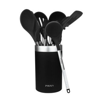 Pack de nueve utensilios de cocina de silicona negra y con mango de acero polka exclusive wood&rock de Cecotec