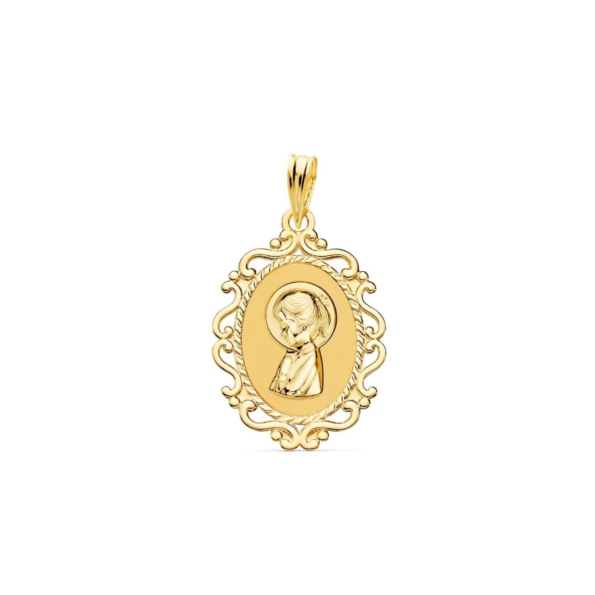 Virgen Niña medalla oro 18k Primera Comunión colgante 23 mm. ovalado borde formas combinadas
