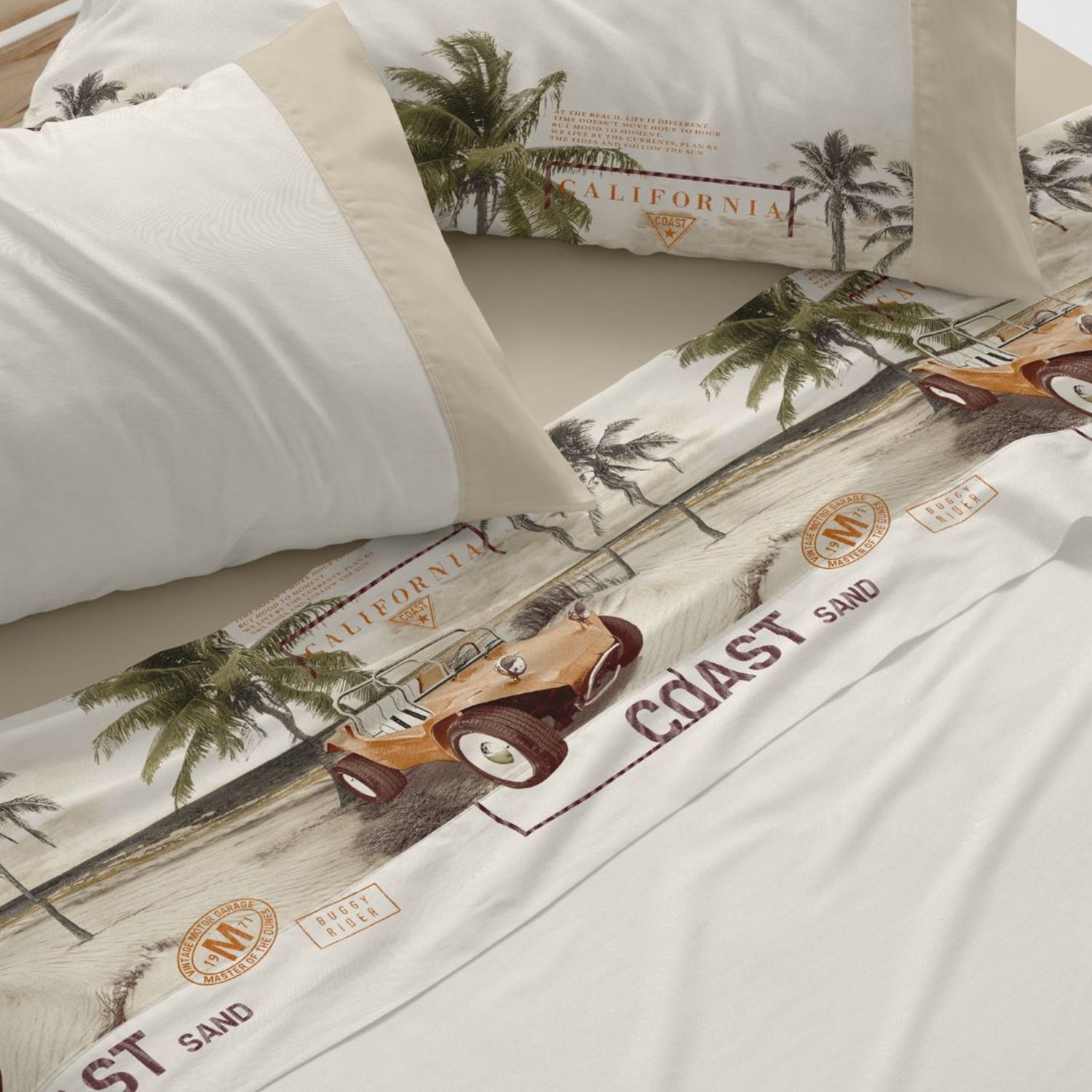 Juego Sábanas BURRITO BLANCO 50% Algodón Diseño Vintage Playa Agua Marina - Tacto Suave, Fácil Planchado, Alta Durabilidad - Cama 90-200cm