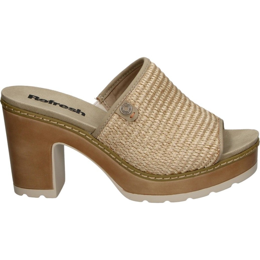 REFRESH | Sandalias de Tacón Refresh para Mujer – Zuecos en Color Taupe con Rafia – Sandalia sin Cierre – Slip On – Tacón Alto y con Plataforma – Cómodos y Combinables – Estilosos – Modelo 175282