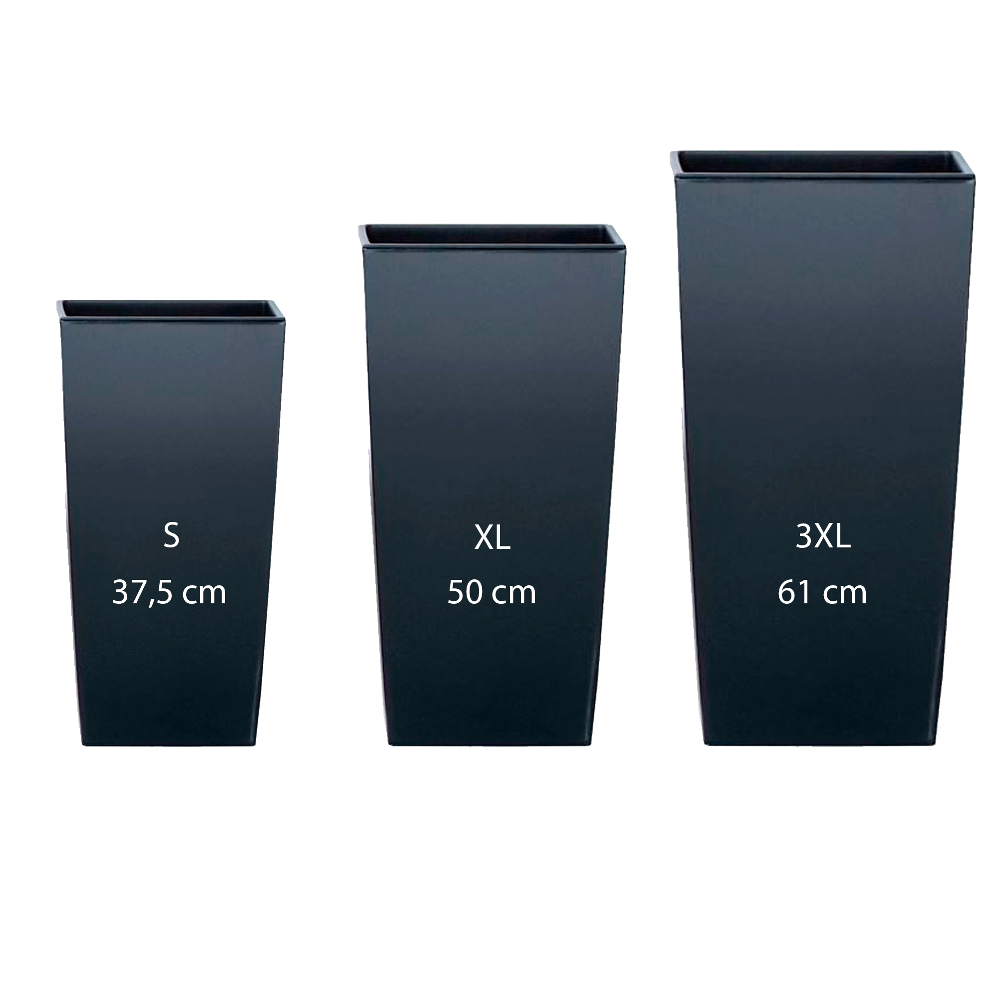 Pack 3 macetas altas PROSPERPLAST (11,4/26,6/49 litros) Urbi Square de plastico en color antracita con deposito
