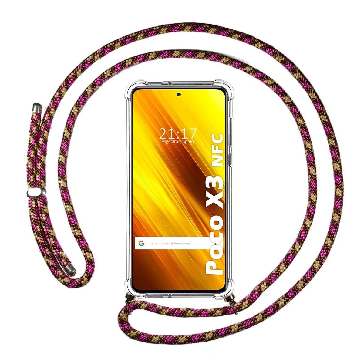 Tumundosmartphone Funda Colgante Transparente para Xiaomi POCO X3 NFC / X3 PRO con Cordon Rosa / Dorado