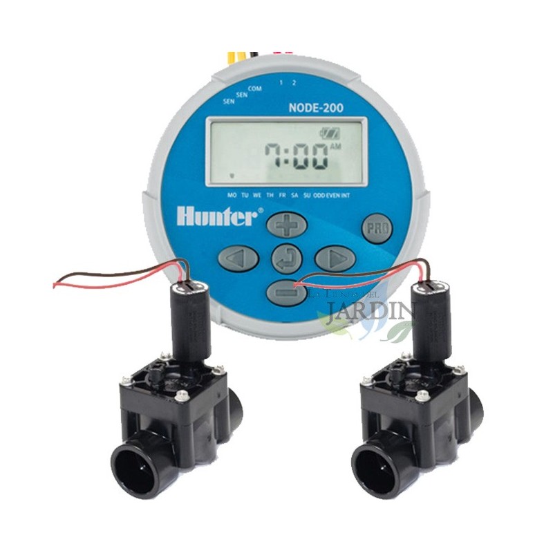 HUNTER Kit Programador de riego a pilas NODE200 Hunter + 2 Electroválvulas PGV100 9V 1", riego automatizado de jardines