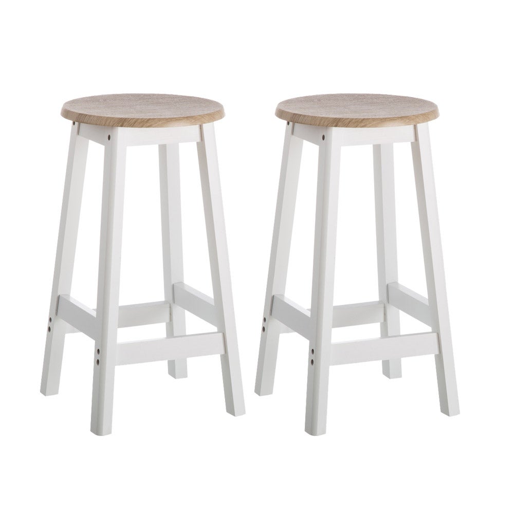 Pack de 2 taburetes de cocina de madera blanco y natural de 54 cm Para mesas altas o barras de 80-85 cm. Asientos redondos de estilo nórdico que ocupan poco espacio. Hasta 100 kg CasaSelección