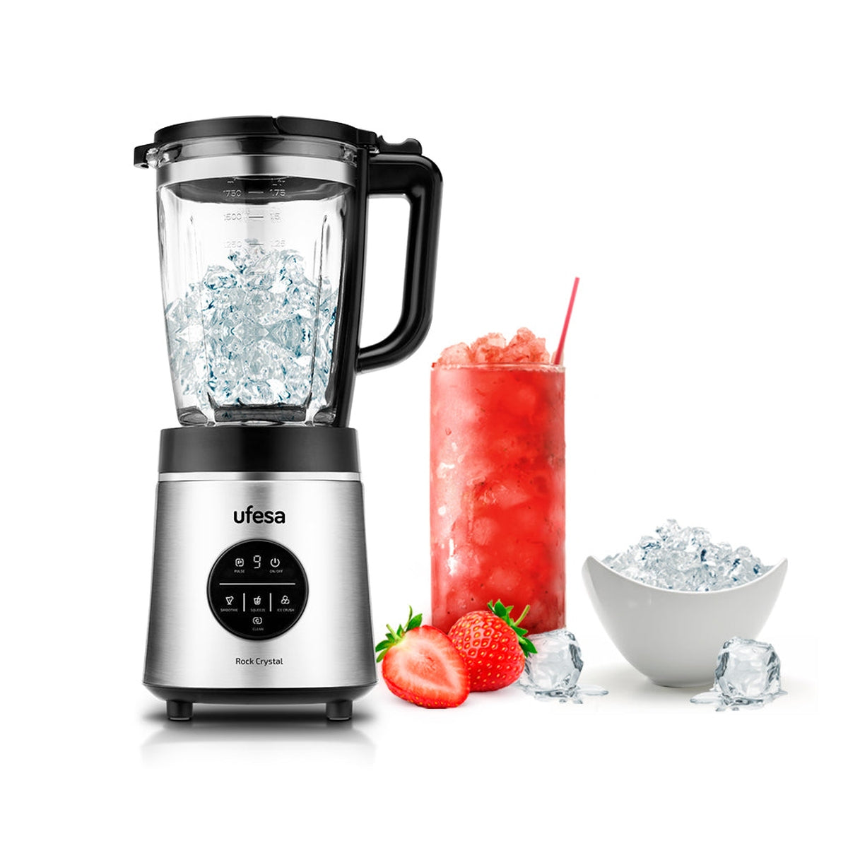 Ufesa - Batidora de vaso Rock Crystal 1.75L con 1800W, 6 cuchillas de acero inoxidable, pantalla digital y 4 programas (batido, exprimir, pica-hielo, auto-limpieza) para smoothies, purés y granizados