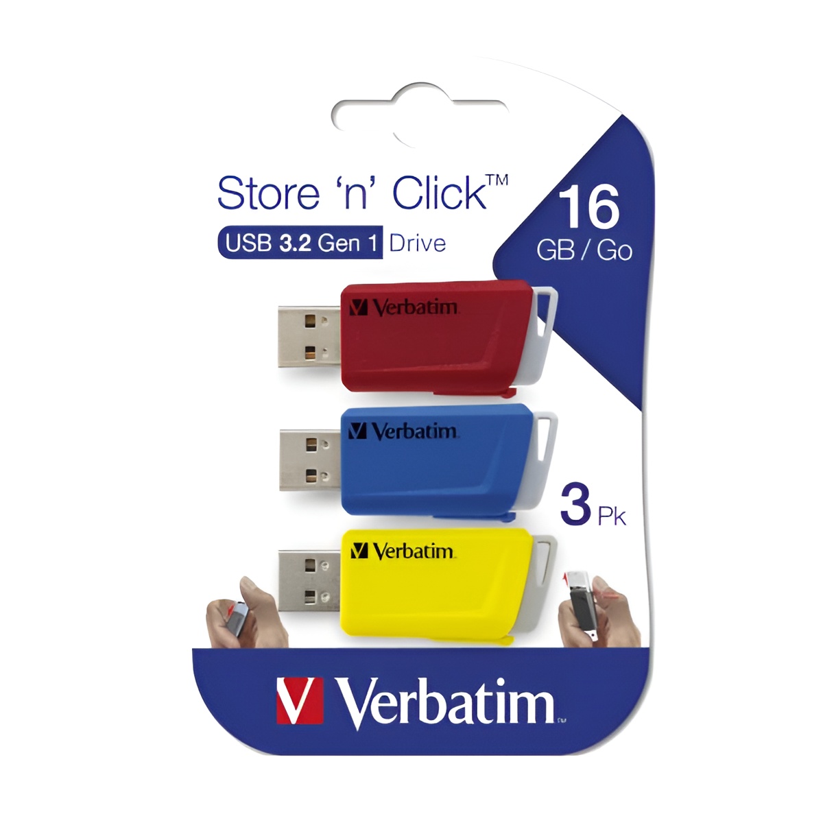 Verbatim Memoria USB Store 'n' Click 16 GB con Mecanismo de Bloqueo y Velocidad de Transferencia de Hasta 5 Gbit/s en Rojo, Azul y Amarillo