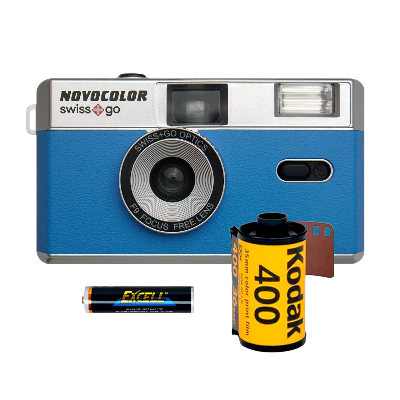 swiss+go Novocolor Pack Cámara 35mm con Flash y Funda Azul + Carrete Kodak 36 Fotos + Pila AAA