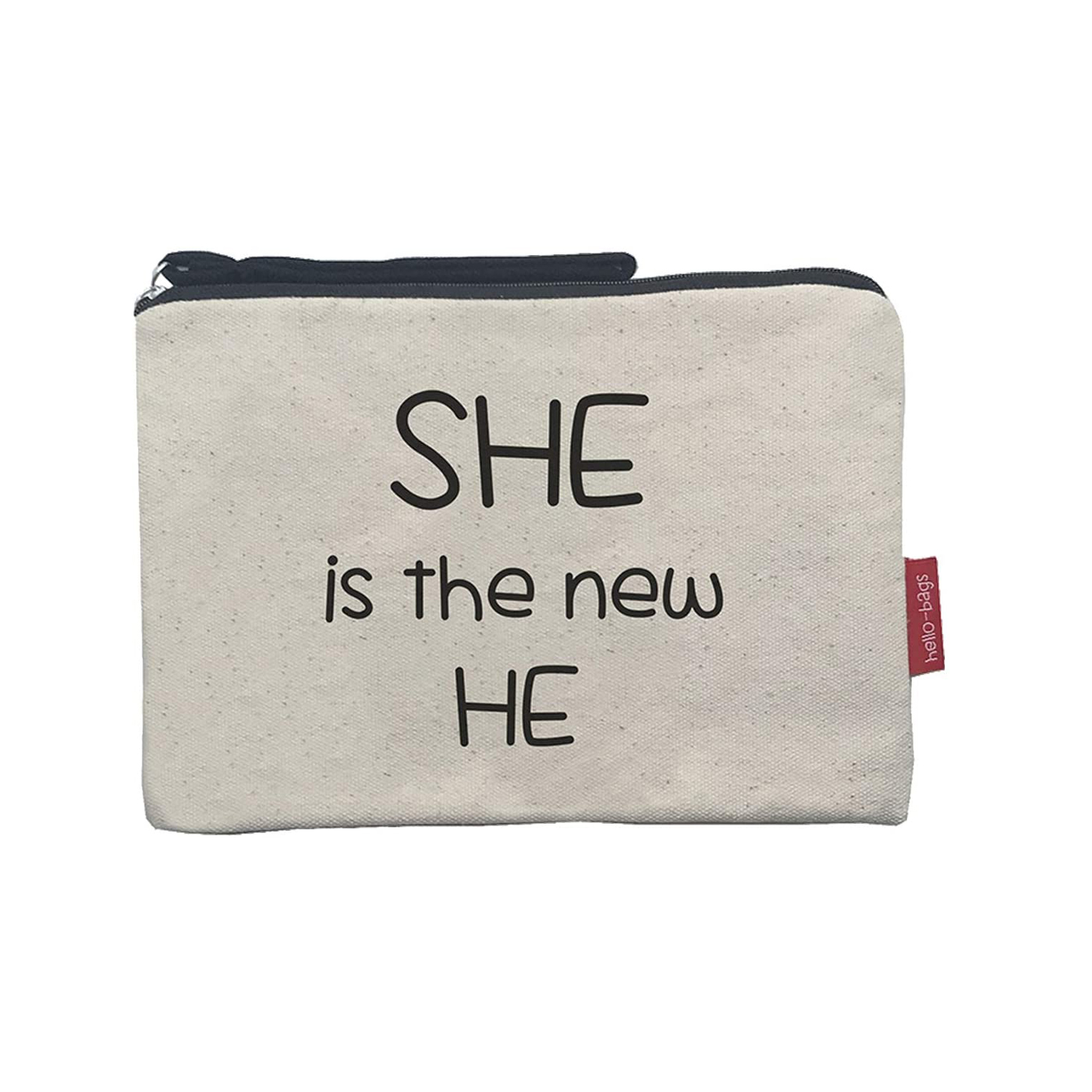 Hello-Bags. Bolso Neceser / Cartera de Mano con cremallera y forro interior. Exterior: Algodón 100%. Incluye sobre kraft de regalo. Modelo SHEISTHE. Color: Crudo / Negro. 23x15,5 cm.