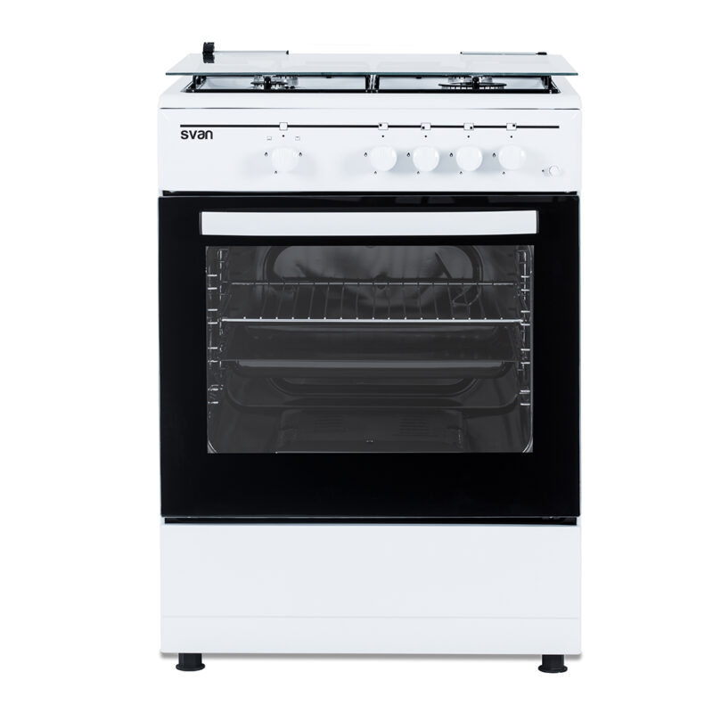Svan - Cocina a gas de 60 cm con 4 quemadores para butano modelo SKG4601, horno a gas de 59 L y acabado blanco, ideal para cocinas compactas y uso doméstico diario