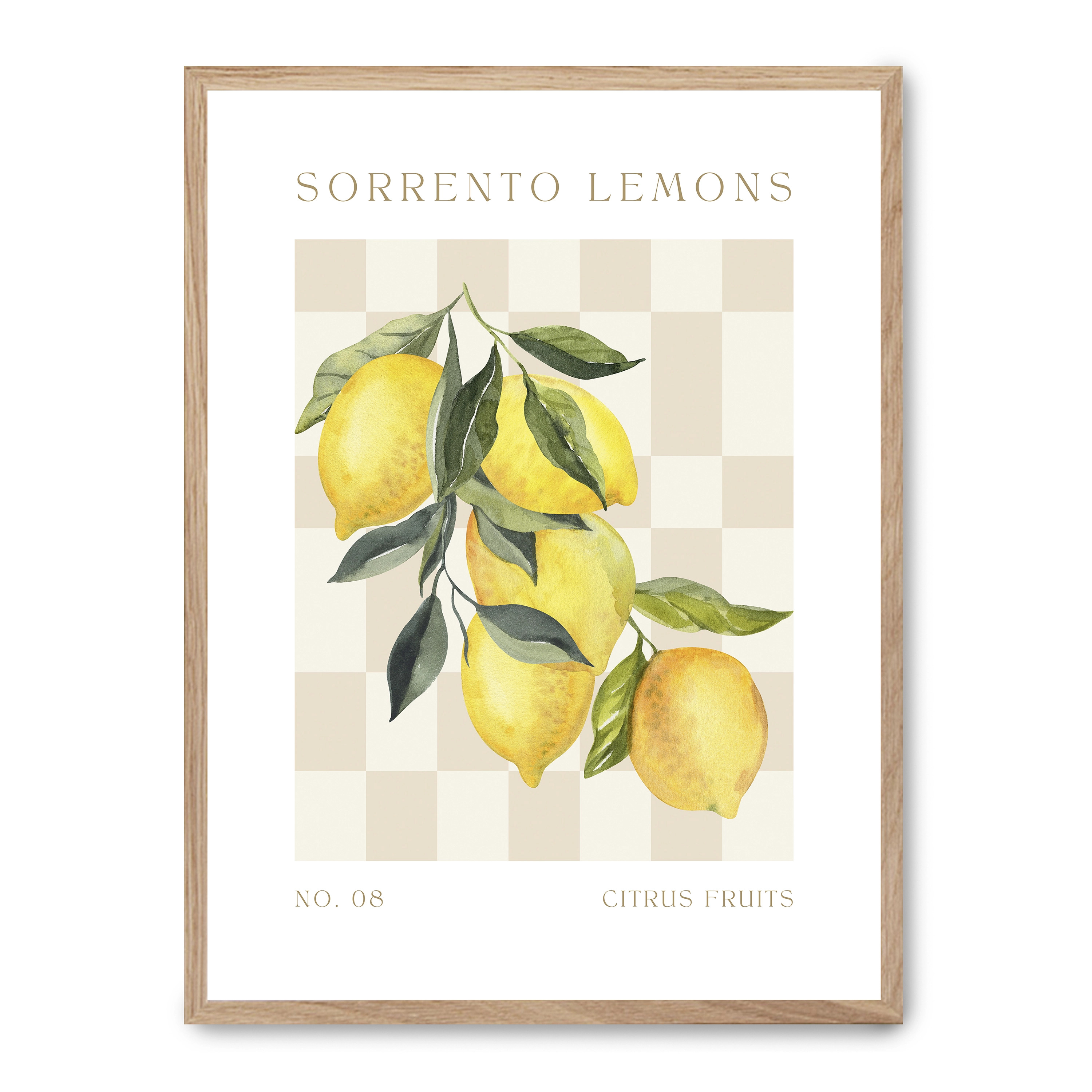 Cuadro sorrento lemons 30x40cm, Póster impreso en papel de primera calidad de 180gr, montado sobre marco de madera MDF acabado roble., Cocina - Gastronomía
