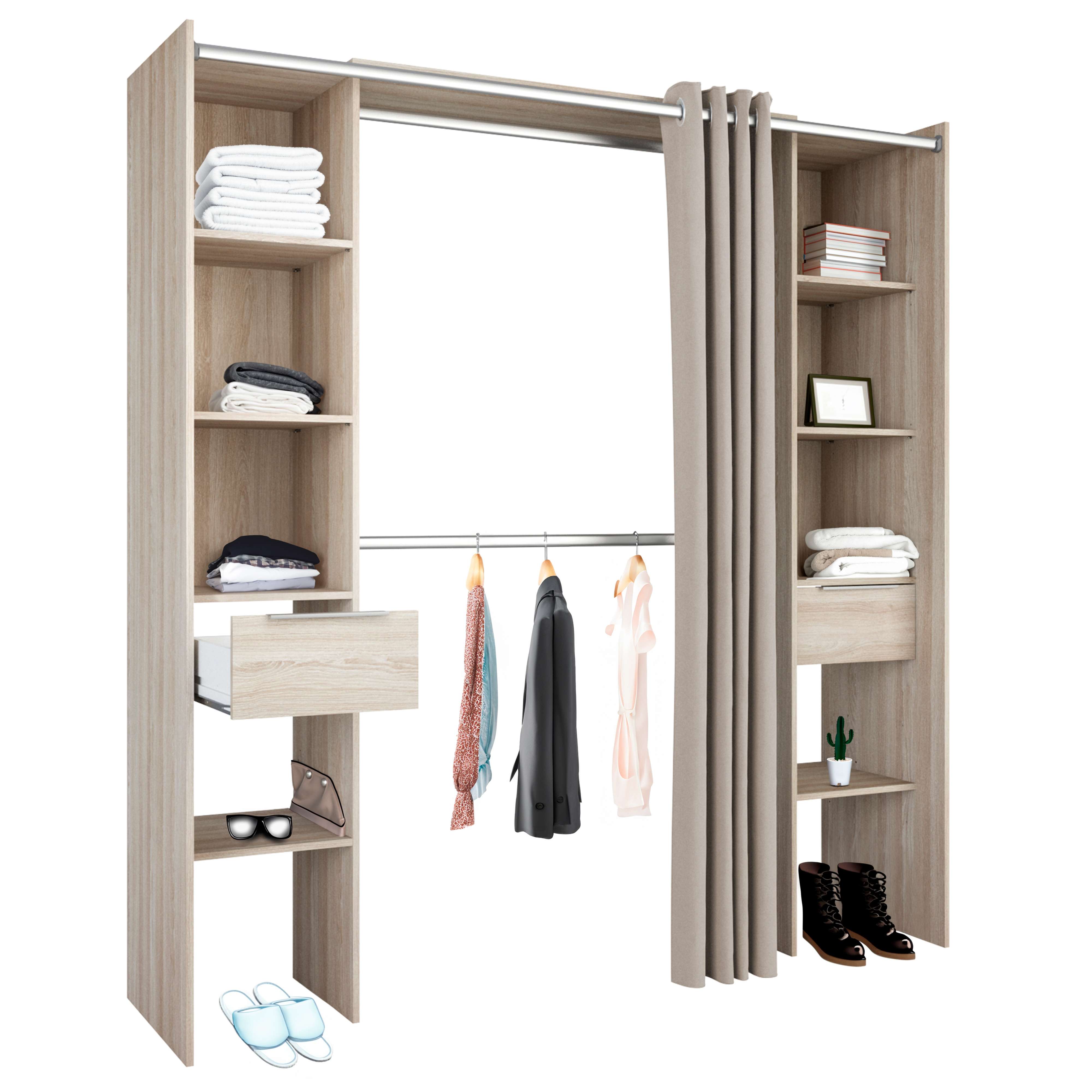 Miroytengo Armario Vestidor con 2 Cajones, Armario Abierto Dana, Vestidor con Barras y Baldas Roble Shannon 203x115-190x50 cm
