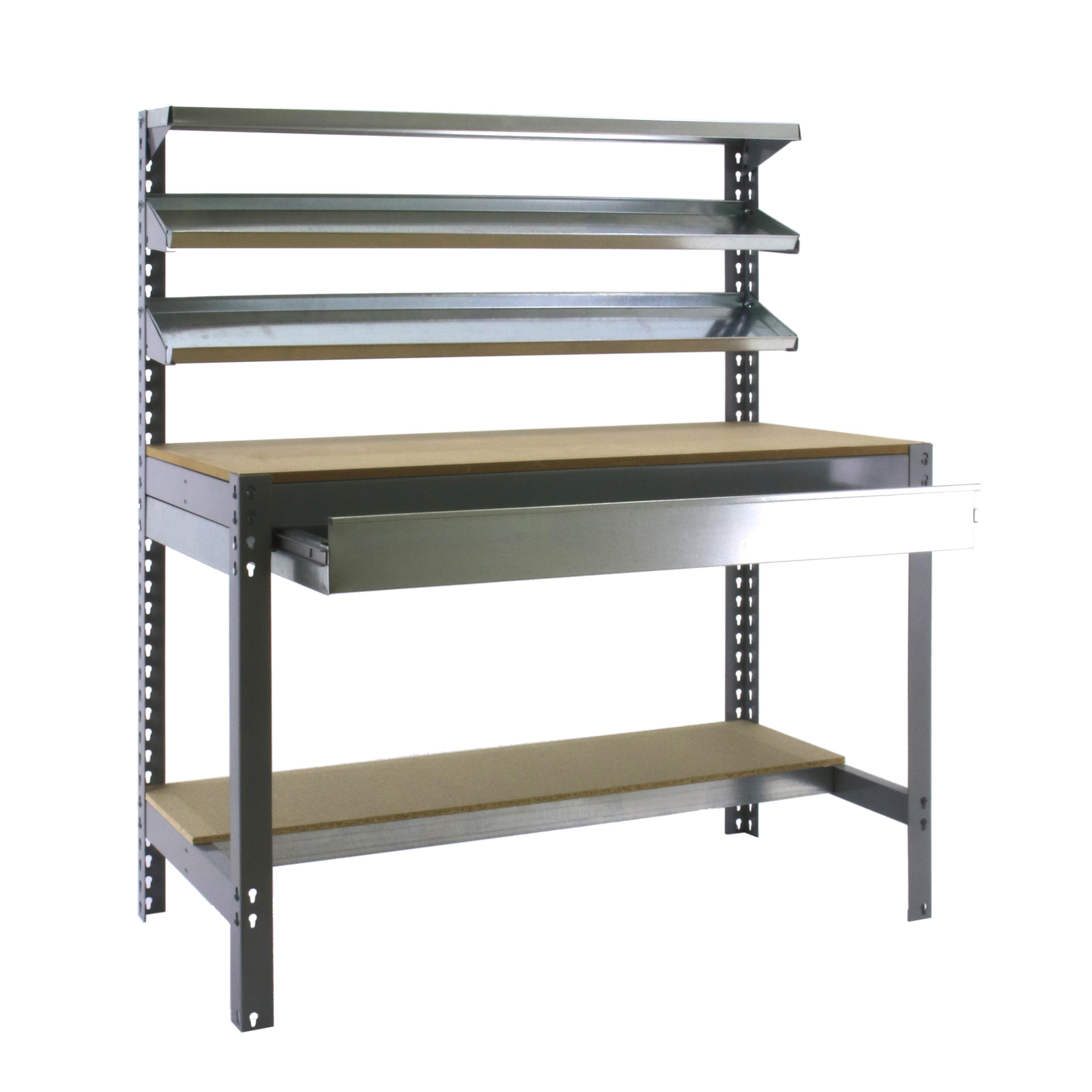 SimonRack Banco de Trabajo Taller, Capacidad Carga 600 kg, 1445x1510x760 mm, Mesa de Trabajo, 1 Cajón, Gris/Madera - BT1