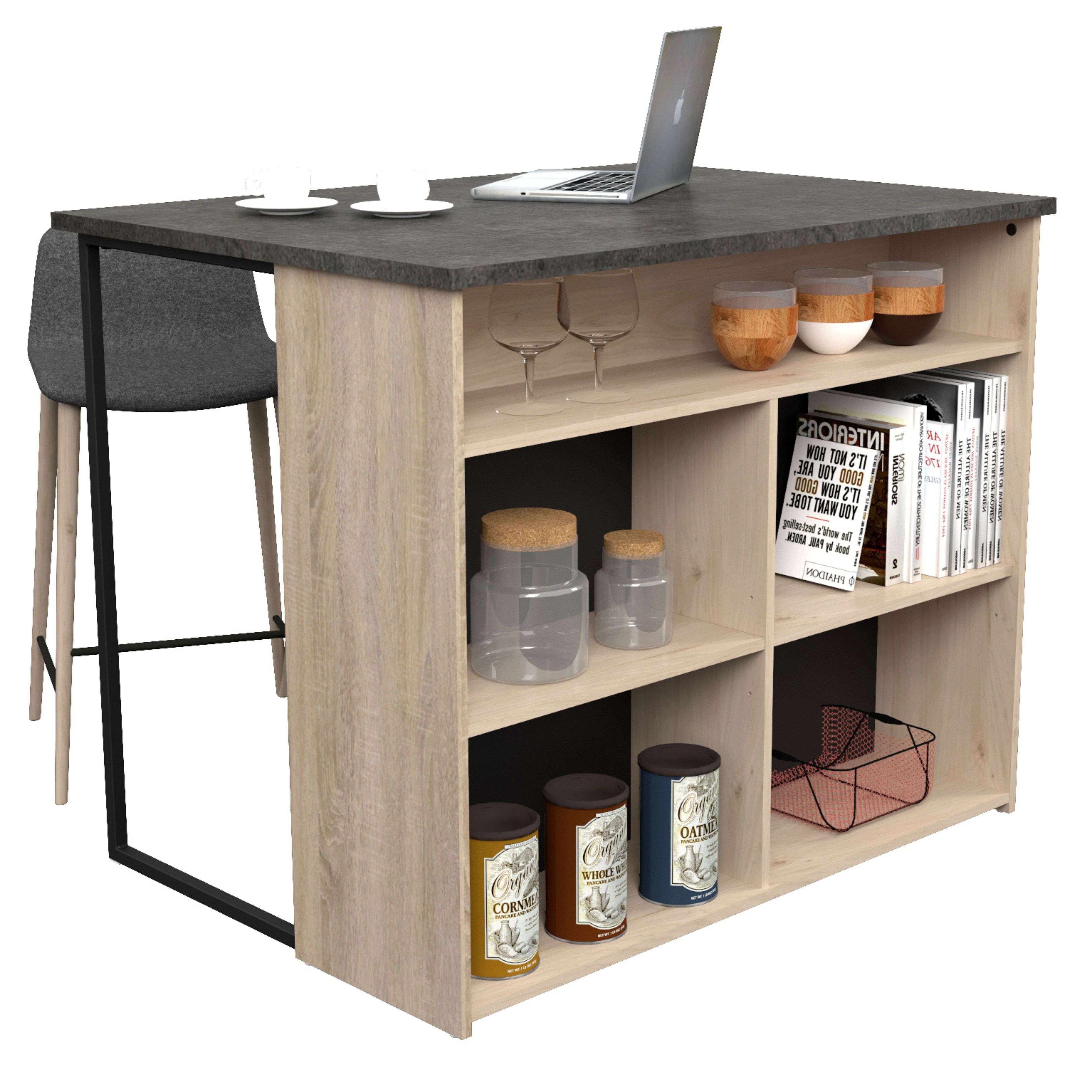 Miroytengo Isla de Cocina Arko Estilo Industrial en Color Roble Áspero y Negro con 5 Huecos de Almacenamiento 109x90x80 cm