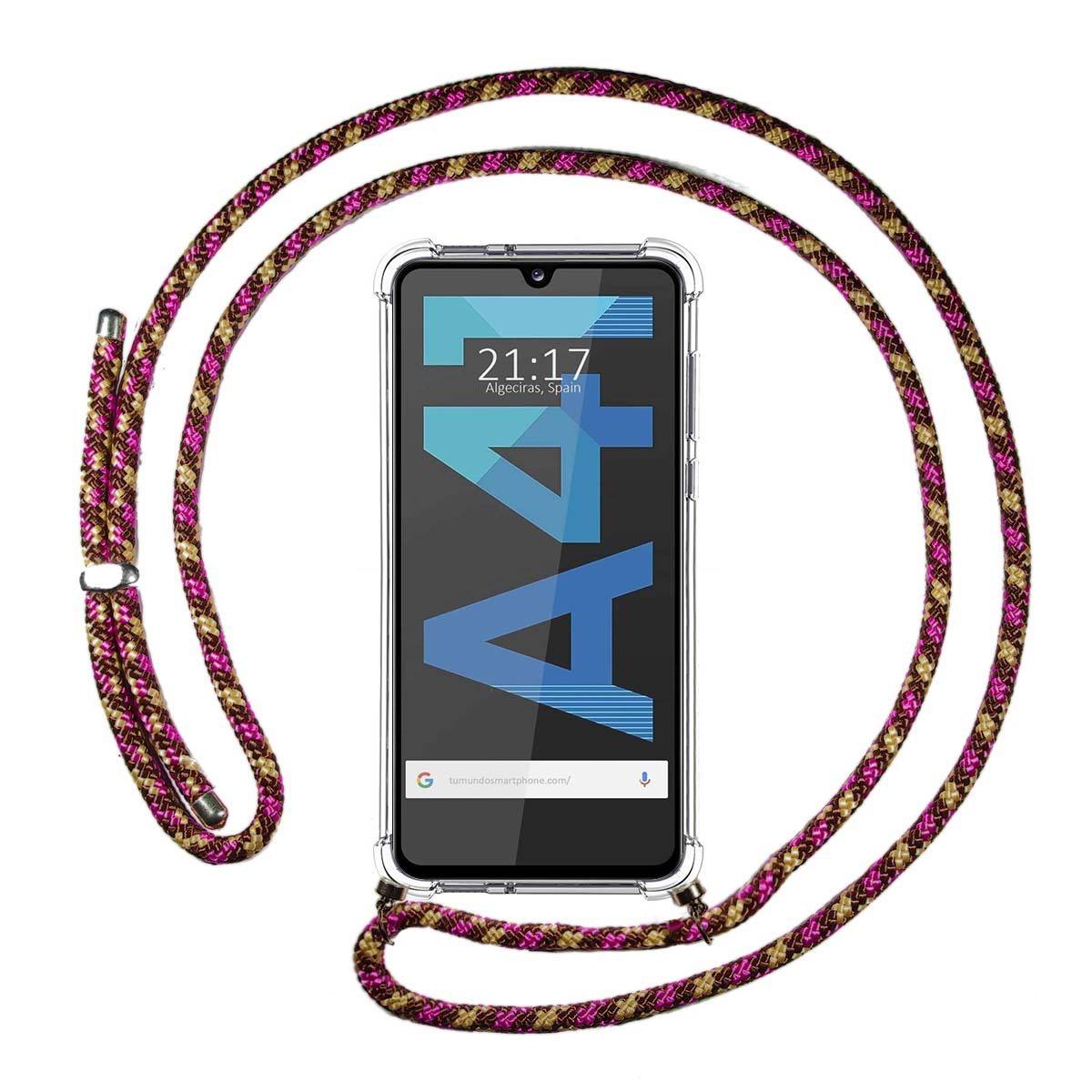 Tumundosmartphone Funda Colgante Transparente para Samsung Galaxy A41 con Cordon Rosa / Dorado