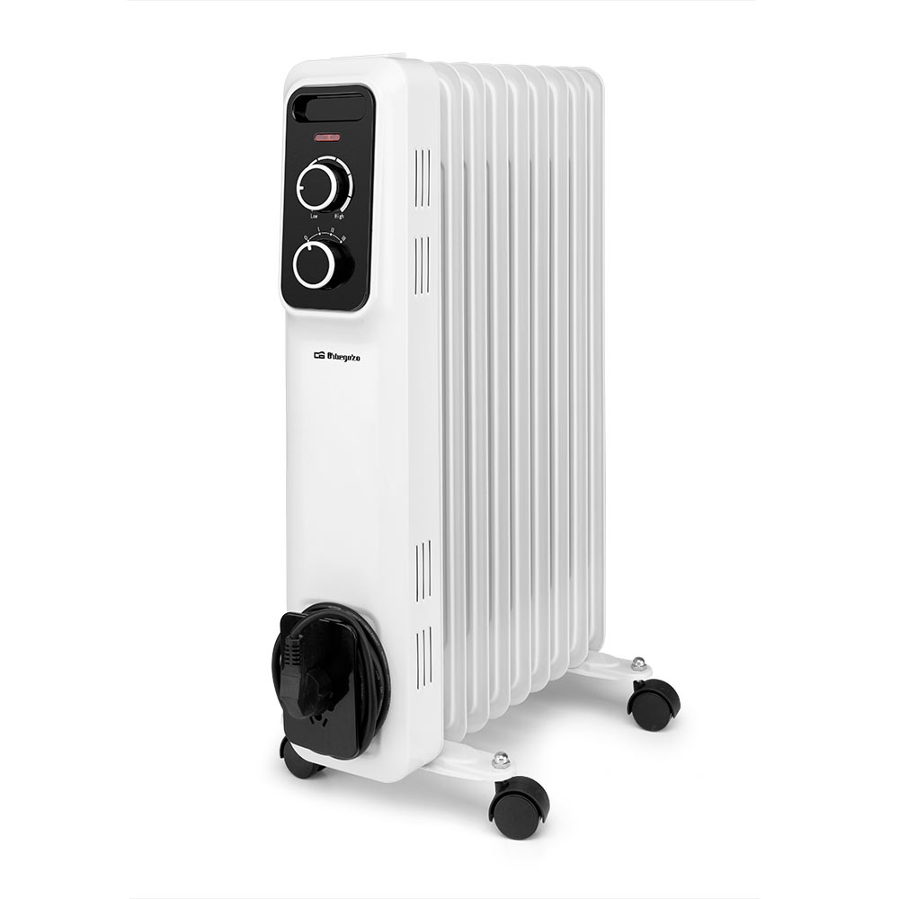 Radiador de aceite Orbegozo RS 2000, 9 elementos, termostato regulable, 3 potencias de calor, ruedas pivotantes multidireccionales, 2000 W