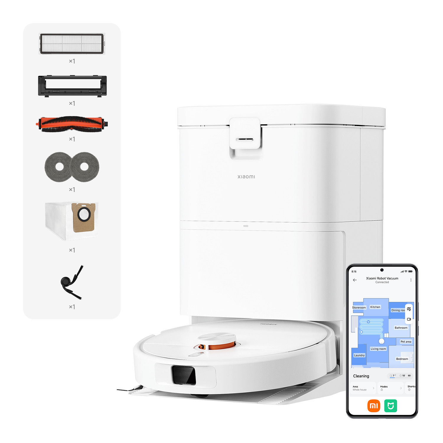 Official | Xiaomi Robot Vacuum H50, Estación base multifuncional y autolimpiante, Todo en uno: lavado, fregado y recolección automática de polvo, 10000 Pa de succión potente, Succión potente para polvo, residuos y cabello