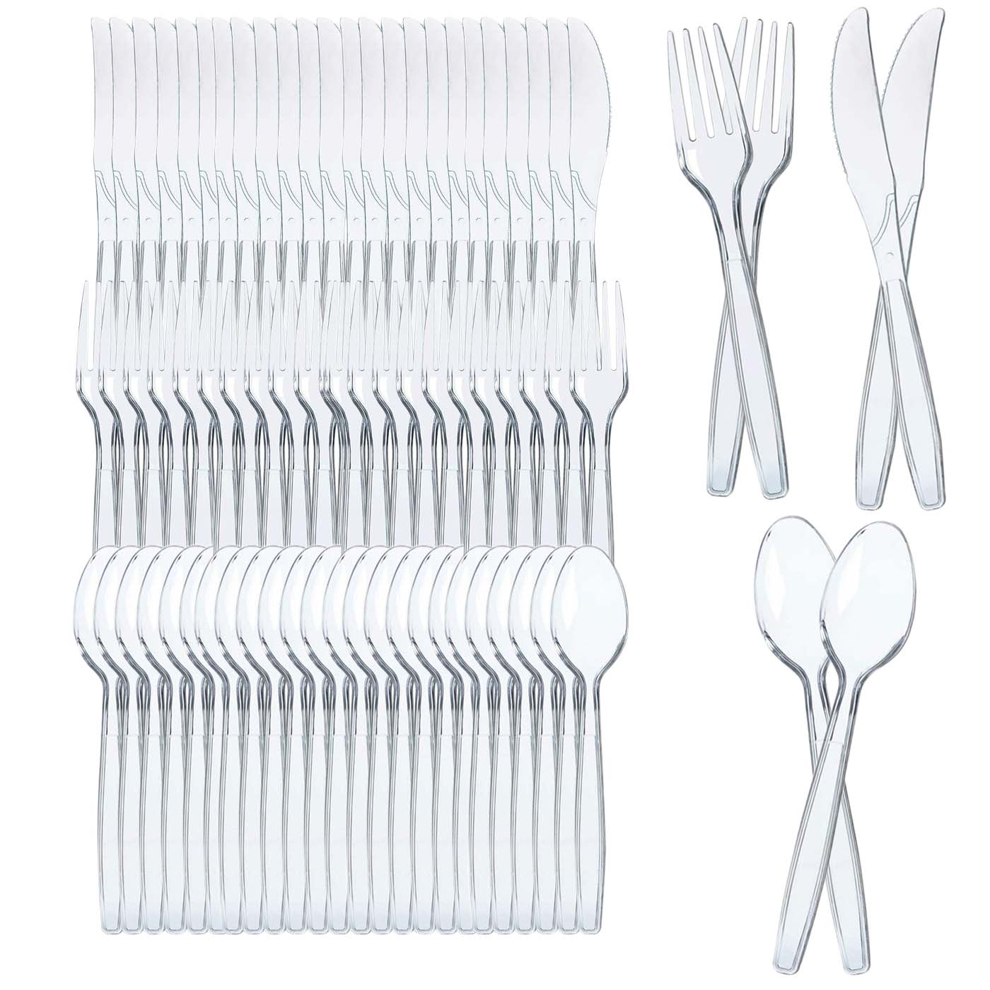 Various Cubiertos de Plástico de Alta Resistencia,Transparente Reutilizable,Cucharas. cuchillos .tenedores. para Actividades de Cumpleaños, Fiestas, Buffets,Bodas,Catering, Barbacoas 100pcs/200pcs/500pcs