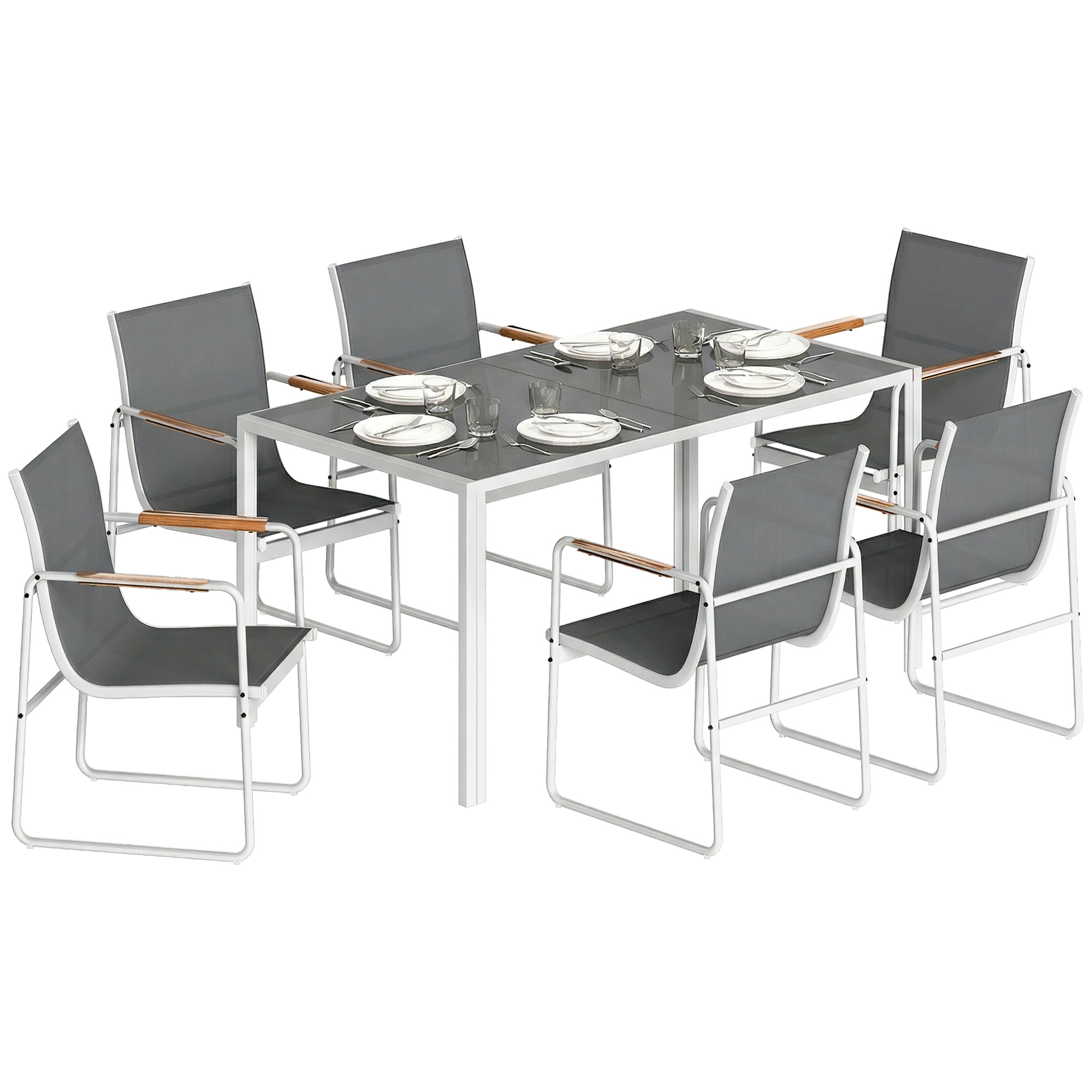 Outsunny Conjunto de Mesa y Sillas Jardín de 7 Piezas, Muebles Jardín Exterior con Mesa de Vidrio Templado, 6 Sillas Transpirables Decorativas, Marco de Acero Resistente a la Intemperie