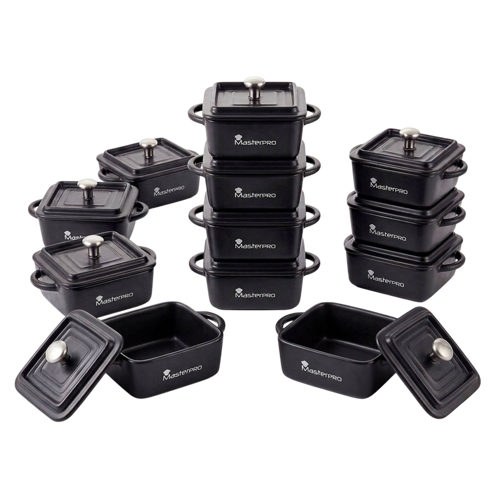 Masterpro - Cazuelas individuales MasterPRO en cerámica resistente, ideales para gratinados, postres y tapas, con tapa y asas prácticas, uso múltiple horno/microondas