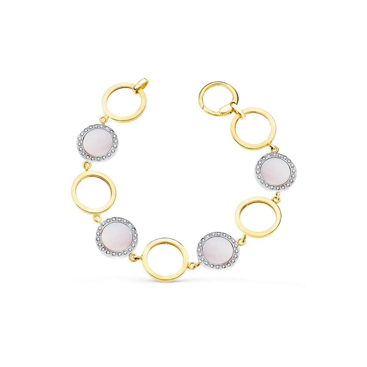 Pulsera oro bicolor 18k 20cm. círculos calados círculos nácar rosa circonitas cierre mosquetón