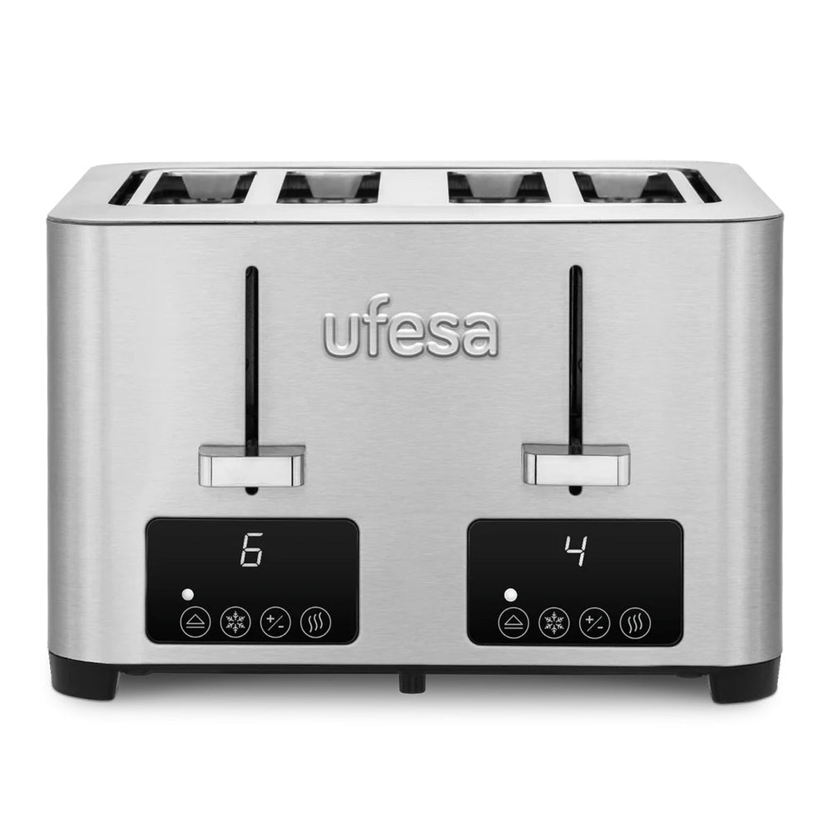 Ufesa - Tostador digital Quartet Delux con 4 ranuras anchas, pantalla LCD y 7 niveles de tostado, acero inoxidable, funciones descongelar/recalentar/cancelar y bandeja recogemigas para cocina moderna
