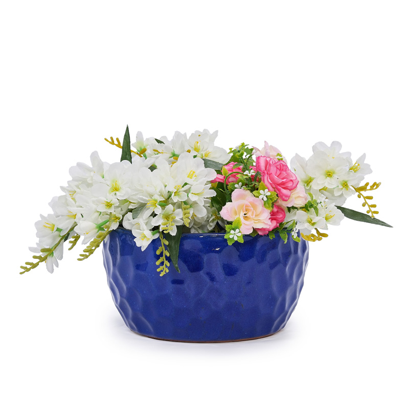 Lot de 3 pots de fleurs en céramique bleu antique avec surface martelée et trous de drainage