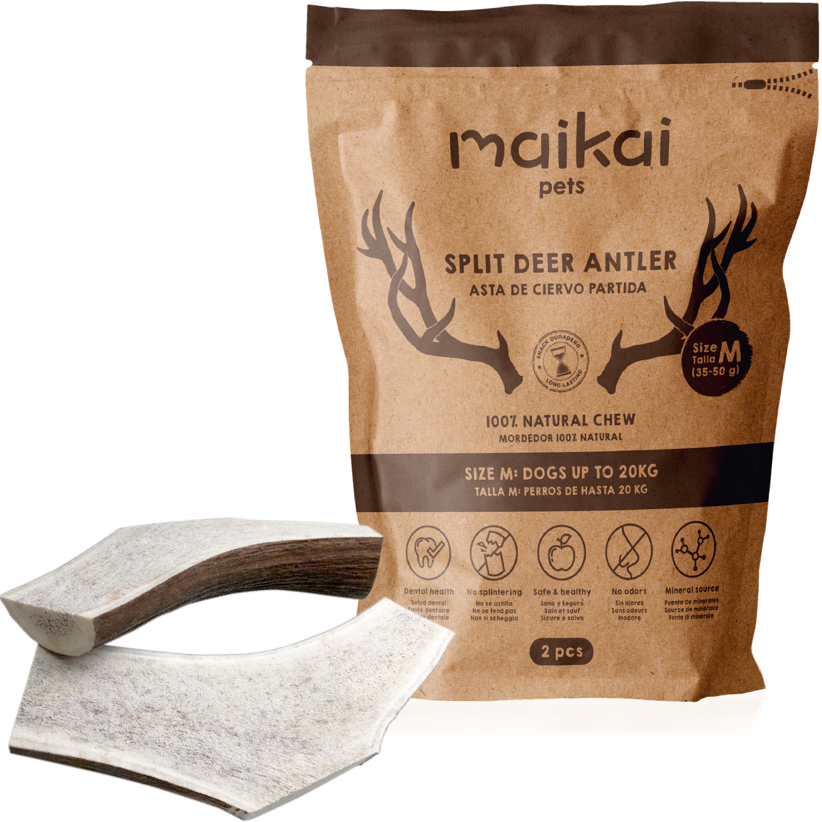 MAIKAI PETS - Asta de Ciervo Partida para Perro Pack de 2 - Mordedor Natural para Perros - Resistente  -  Juguete para Perros