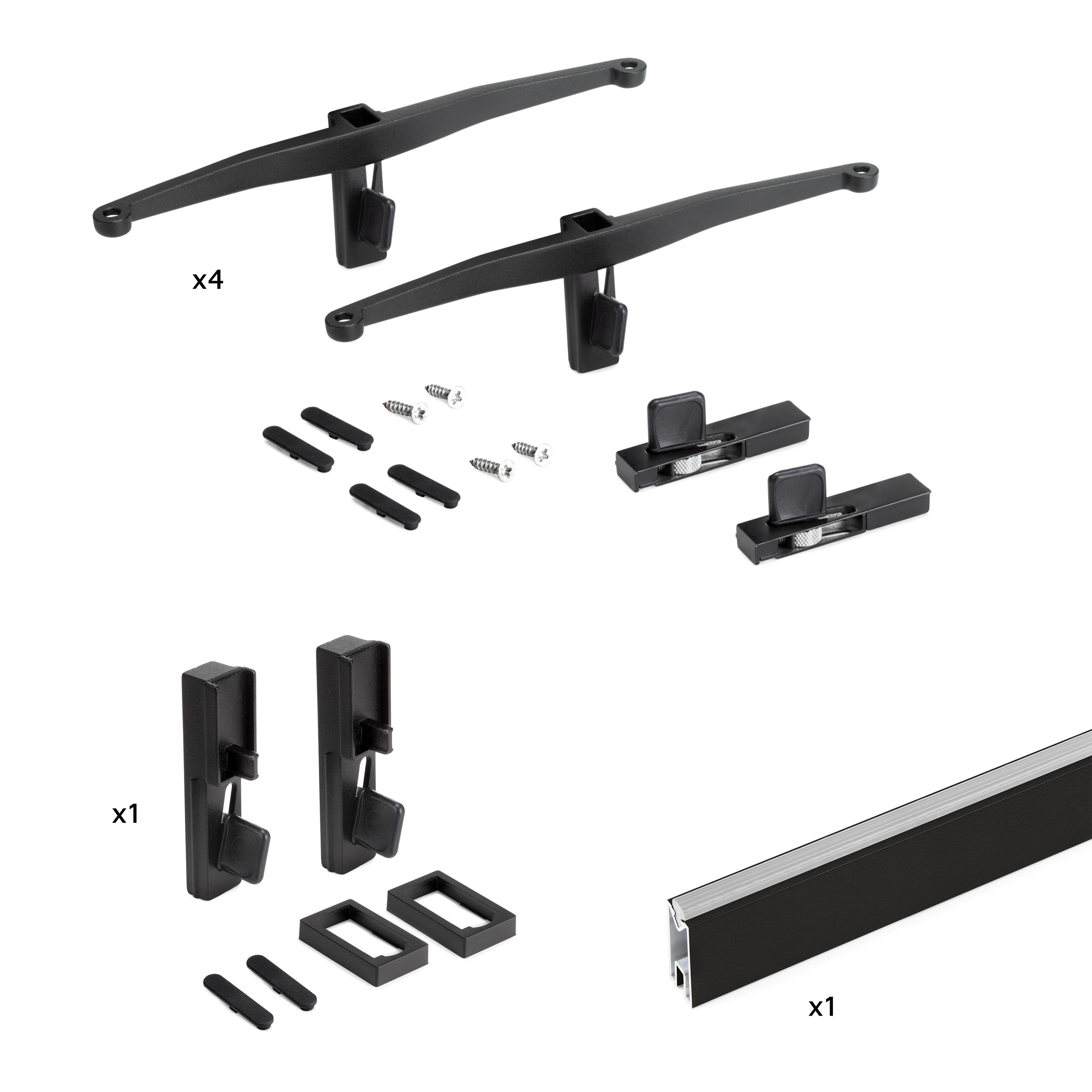 Kit de soportes para 4 estantes de madera y 1 barra de colgar de longitud 1m zero, aluminio y zamak y plástico, pintado color negro texturizado