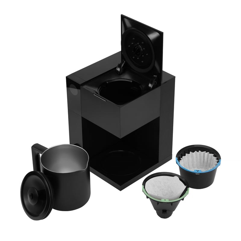 Fellow Aiden 1.5L Portable Coffee Maker, CE certified, delivers espresso and drip coffee for 10 cups, sleek black design perfect for camping and home use, compact and portable electric coffee maker.