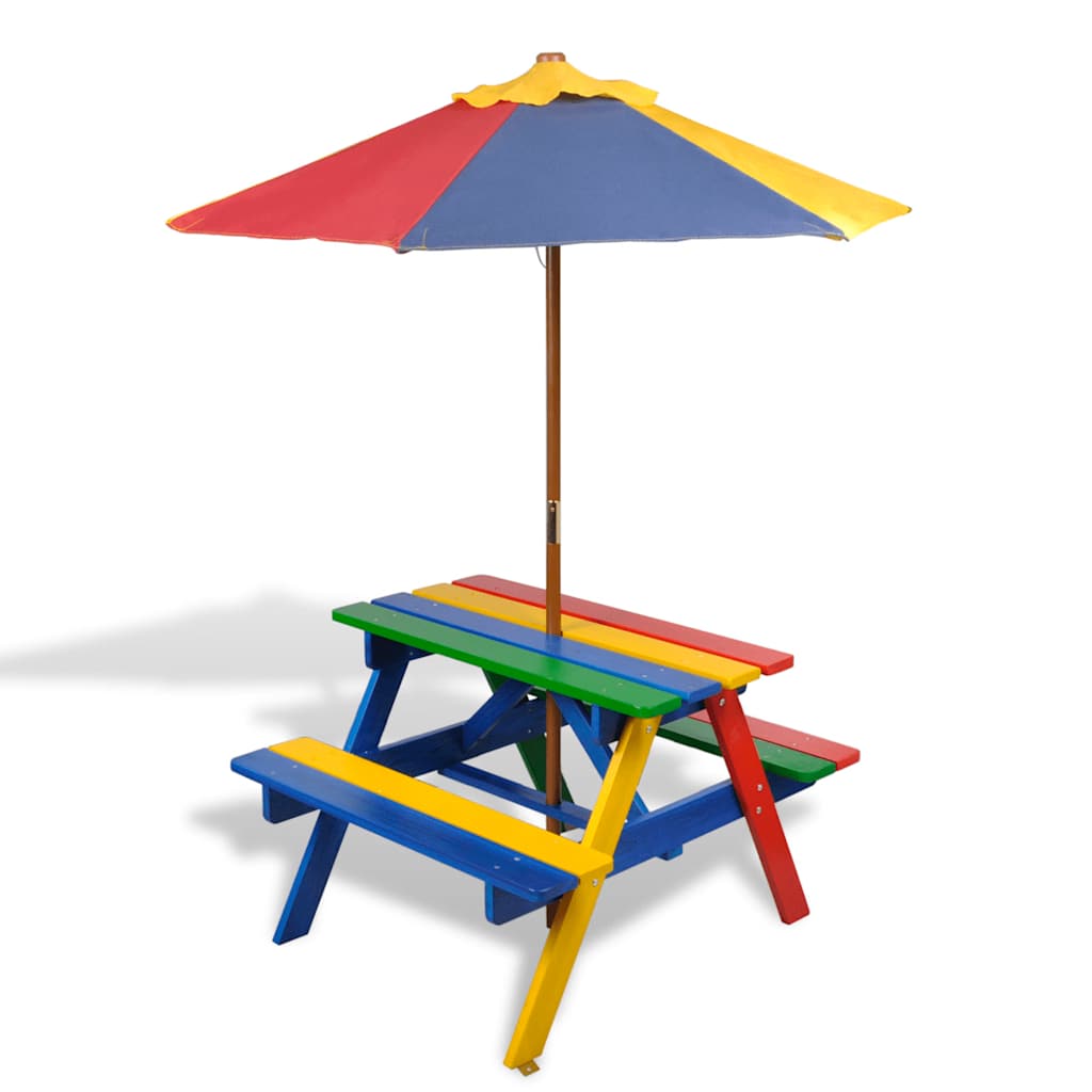 vidaXL Mesa de picnic y bancos de niños y sombrilla madera en color Multicolor/Natural/Marrón oscuro | estructura resistente ideal para salón dormitorio o estudio