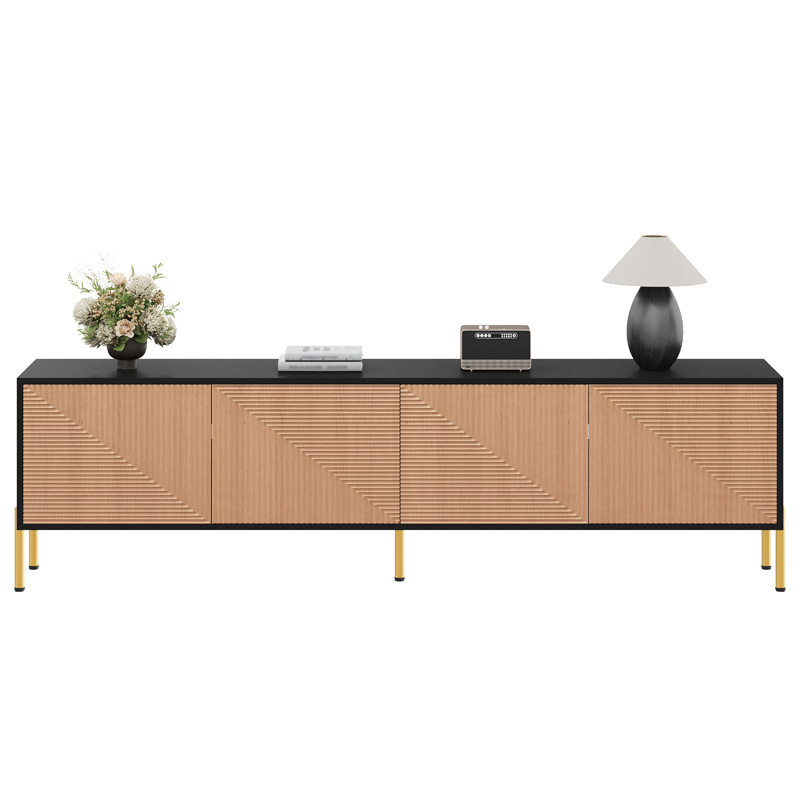 Meuble TV moderne noir et naturel 179 cm avec façades texturées et pieds métalliques dorés