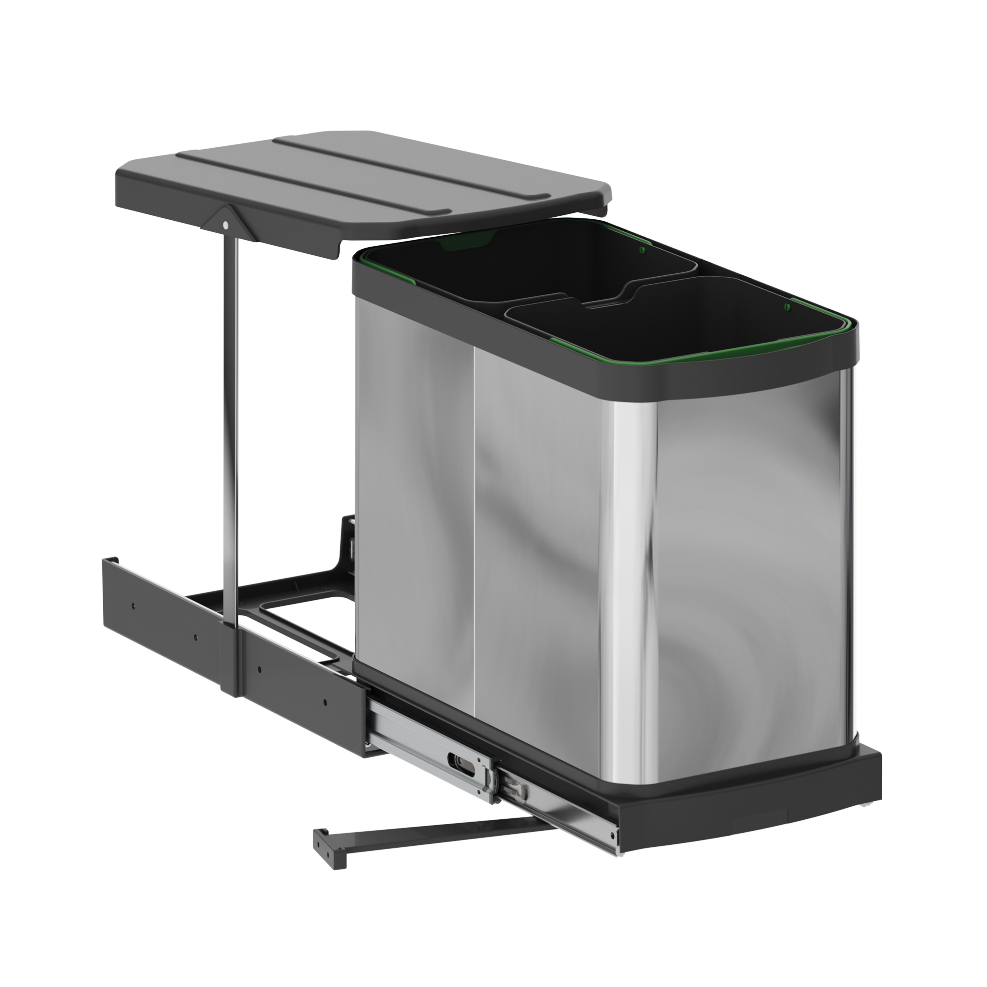 Contenedor de reciclaje para fijación inferior y extracción manual/automática en mueble de cocina recycle inox 2x12litros, plástico y acero inoxidable