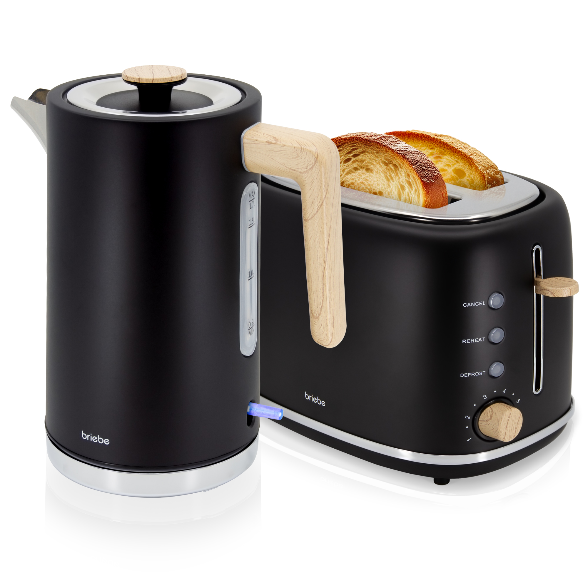 Briebe SKT1167BLK Nordic Set Tostadora Pan Ranura Ancha 2 Rebanadas + Hervidor  Agua Eléctrico 1,7L Inalámbrico, 2200W, Negro