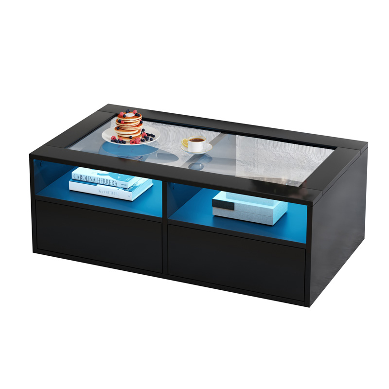 Table basse noire 100 x 50 x 35 cm avec plateau en verre trempé, éclairage LED, deux tiroirs et rangements ouverts