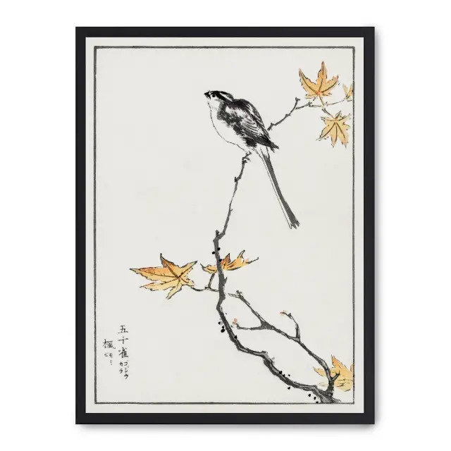 Cuadro bird on branch 30x40cm, Póster impreso en papel de primera calidad de 180gr, montado sobre marco de madera MDF acabado en negro., Arte - Japonés
