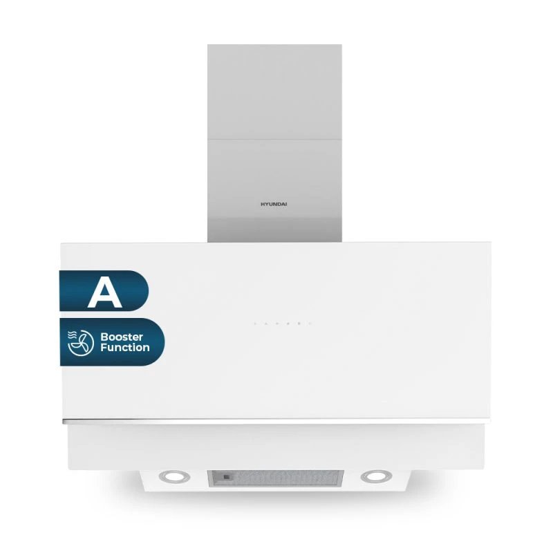 Campana Decorativa Inclinada HYUNDAI HCPD900AB 90cm 600m³/h Clase A Cristal blanco  | Booster, Táctil, 55dB, Niveles Extracción 3