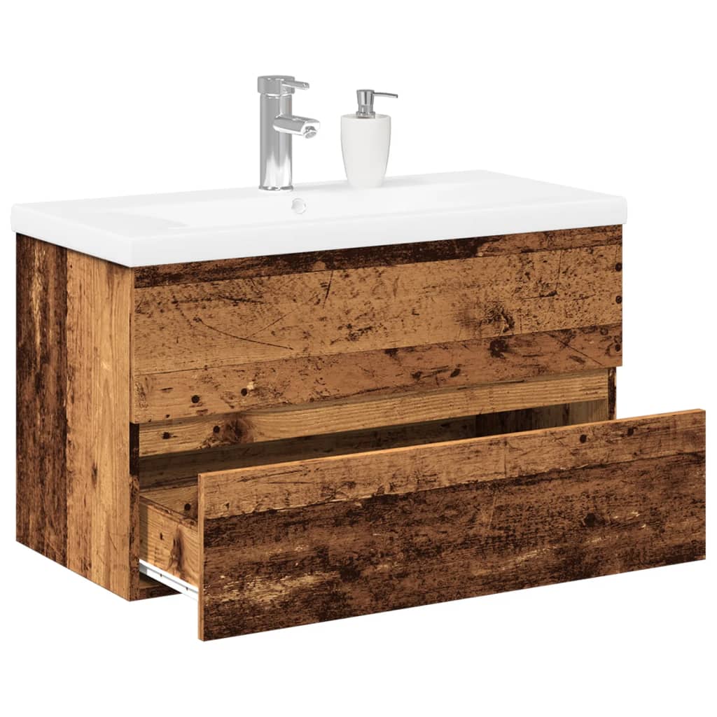 vidaXL Mueble con lavabo madera de ingeniería en color Gris hormigón/Blanco/Madera antigua y más | almacenamiento funcional diseño moderno para baño dormitorio sala