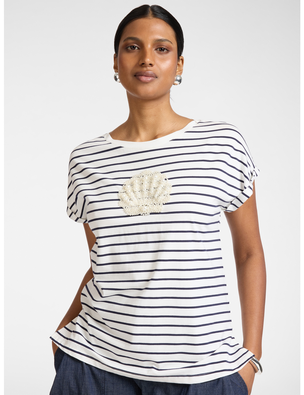 Elena Mirò - Camiseta de algodón a rayas con bordado