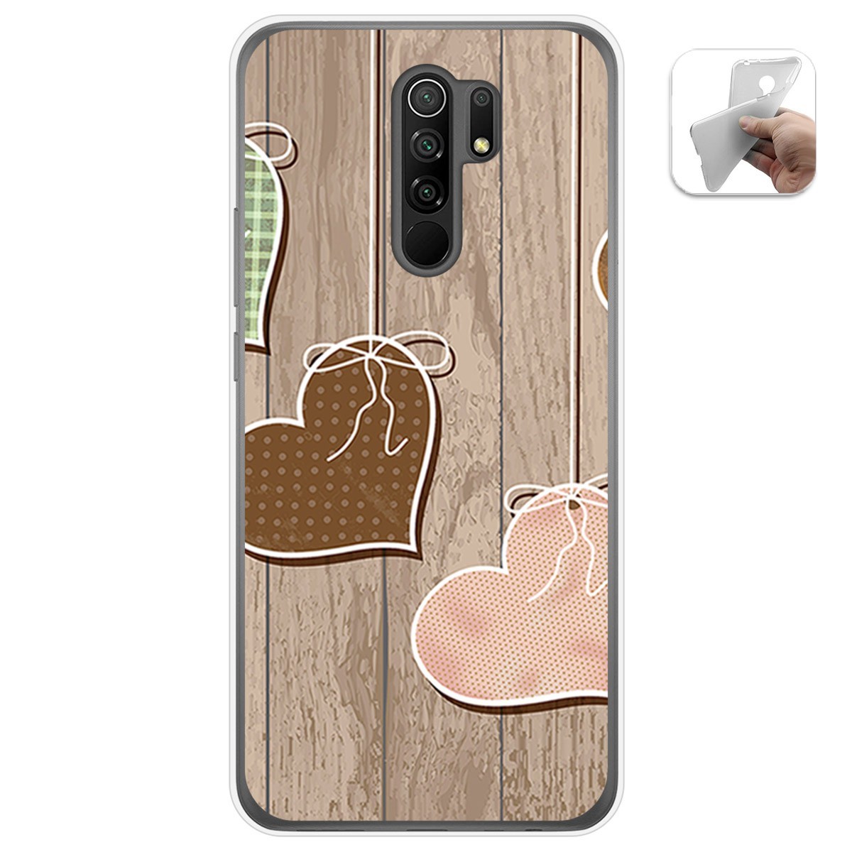 Tumundosmartphone Funda Gel Tpu para Xiaomi Redmi 9 diseño Corazones Madera Dibujos